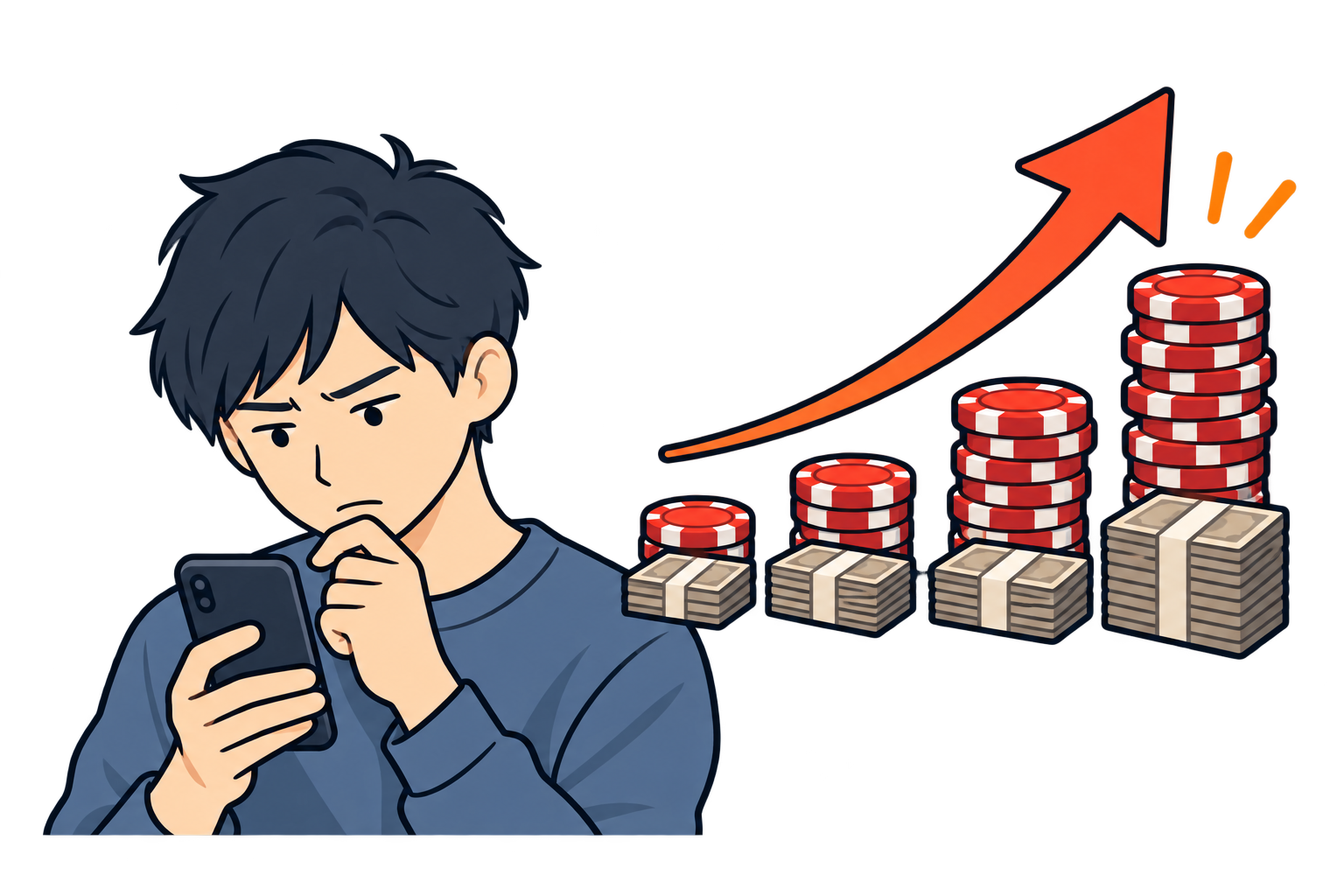 ギャンブルに賭ける金額が増えていく様子