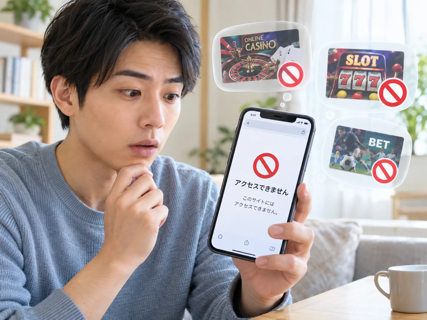 スマホでギャンブルサービスへのアクセスがブロックされている画面