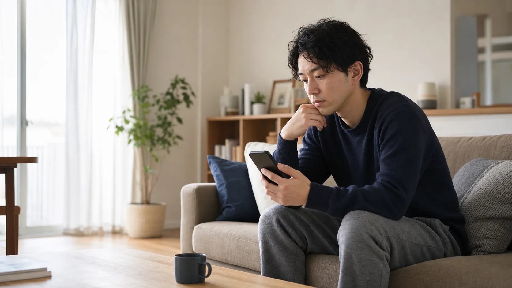 自宅でスマートフォンを手に考え込む男性