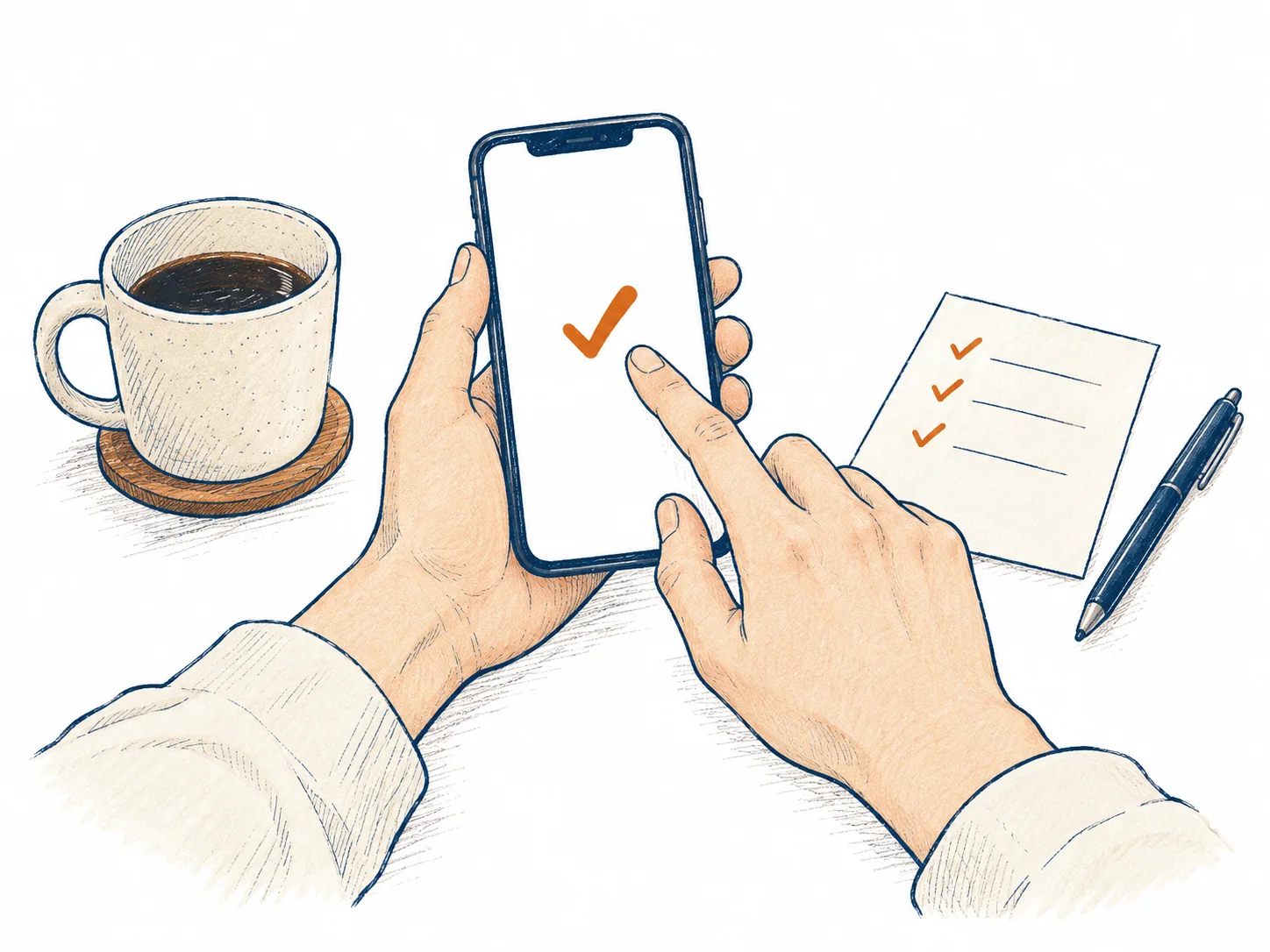 手元のiPhoneで設定を進め、チェックリストを確認する様子のイラスト